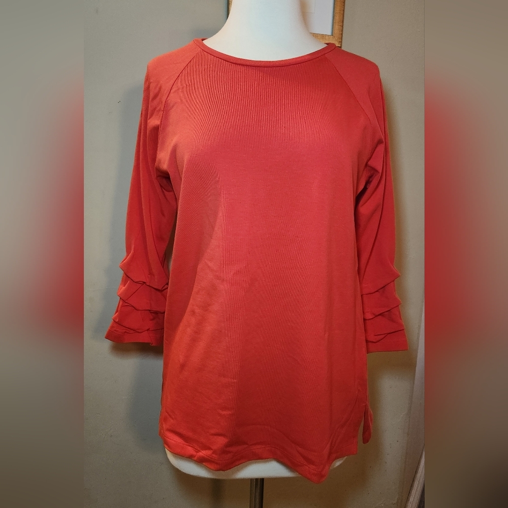 ELI Red Pima Cotton‎ Ruched Sleeve Tee Size Small *Halsbrook*